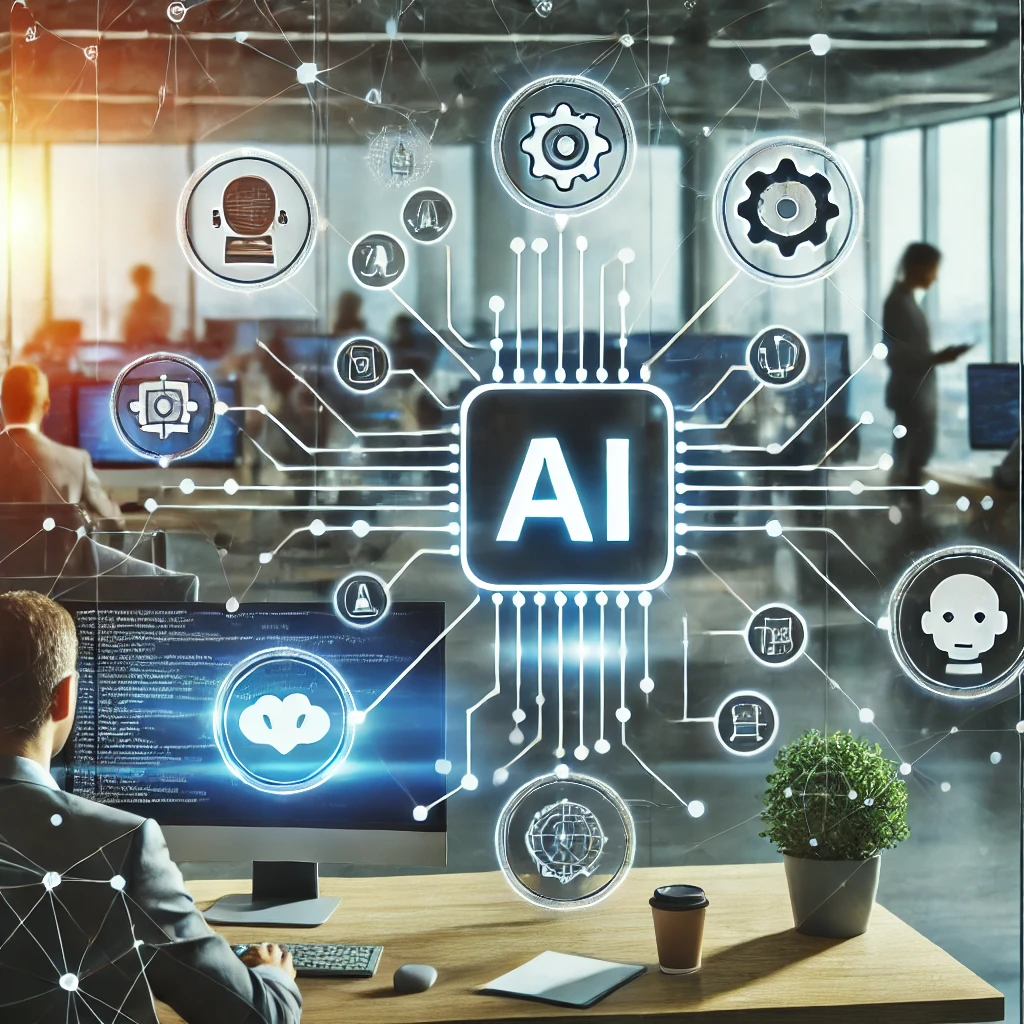 Best AI Software Tools for Businesses An illustration depicting various AI software tools icons connected by lines, representing the integration and applications of AI in business operations. The background shows a modern office setting with employees working on computers, symbolizing the use of AI technology to enhance business productivity and efficiency.