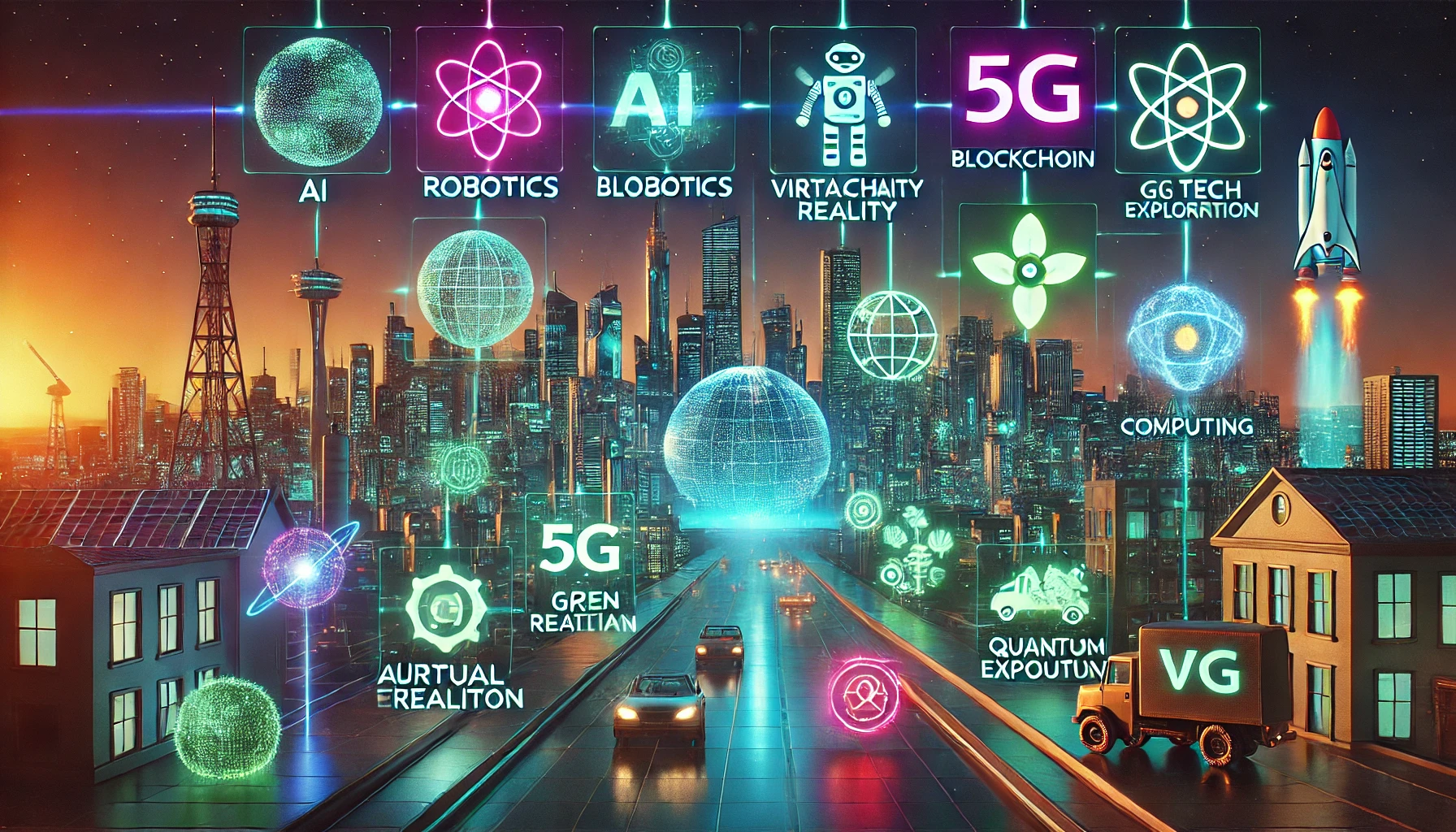 A futuristic cityscape with glowing holographic displays showcasing technology icons such as AI, robotics, 5G, blockchain, virtual reality, augmented reality, green tech, space exploration, quantum computing, and autonomous vehicles in vibrant neon colors.