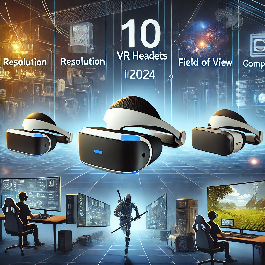 An illustration showcasing the top 10 VR headsets for gaming in 2024. Various sleek and modern VR headsets are displayed in a dynamic gaming environment with virtual worlds and gamers immersed in gameplay. Each headset is labeled with key features such as resolution, field of view, and compatibility.