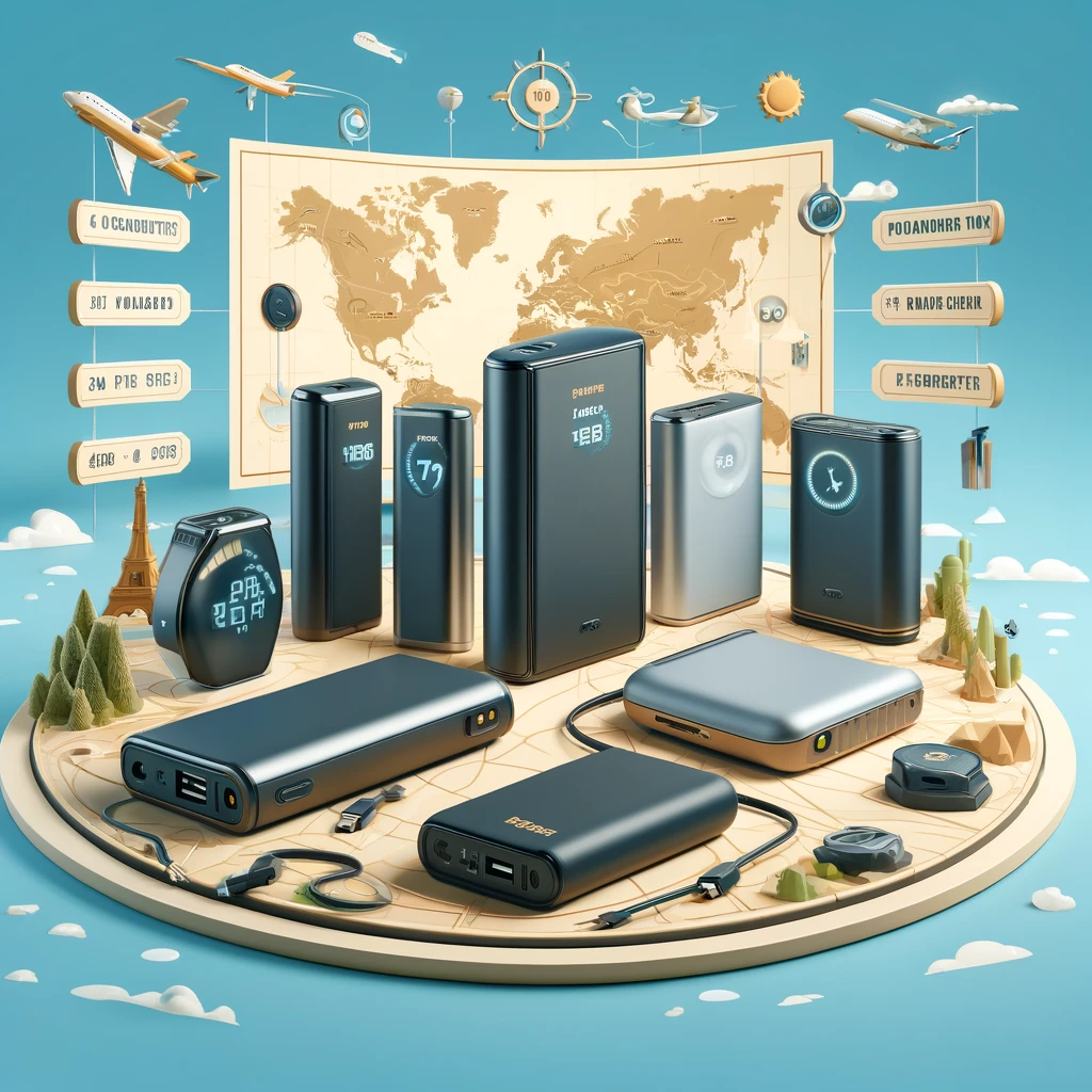 An illustration showcasing the top 10 portable power banks for travel in 2024. Various sleek and modern power banks are displayed on a map with travel-themed elements, each labeled with key features like battery capacity and fast-charging capabilities.