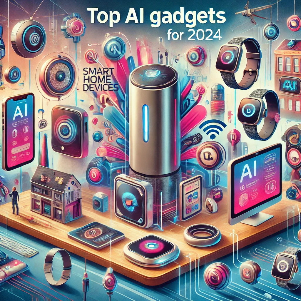 An illustration showcasing various top AI gadgets for 2024 in a modern, stylish setting. The scene includes smart home devices, wearable tech, and AI-powered personal assistants, all labeled with brief descriptions. The dynamic and vibrant background symbolizes the futuristic nature of these gadgets designed to enhance daily life.