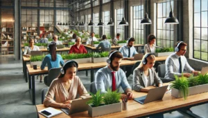 A diverse group of professionals working in an open office while wearing various models of noise-canceling headphones.