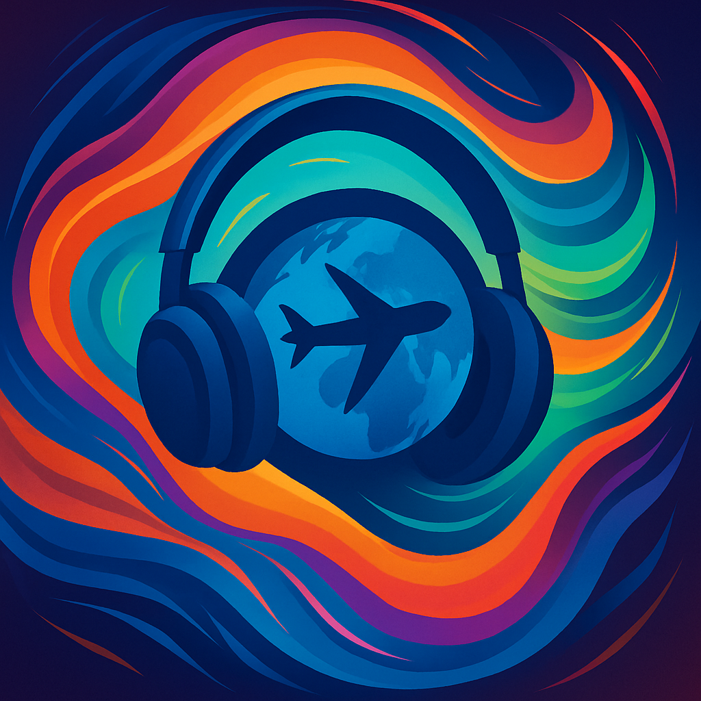 Abstract illustration of noise-canceling travel headphones with swirling waves encircling an airplane silhouette