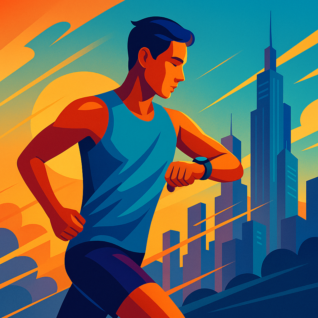 Illustration showing a fitness enthusiast checking his smartwatch during a run, representing top smartwatches for fitness enthusiasts.